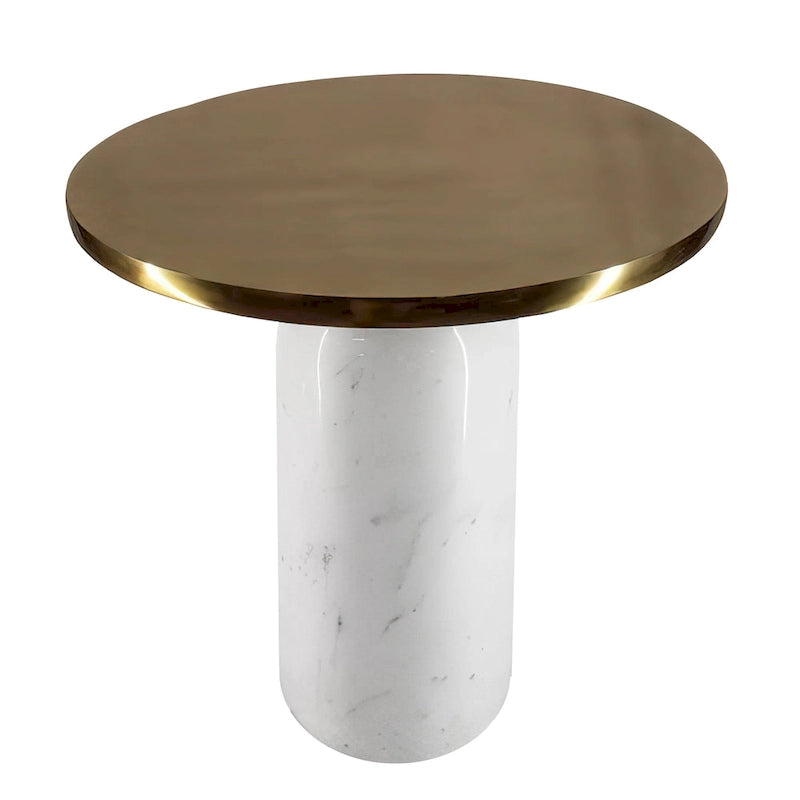 Table d'appoint ronde Accent, Laiton et Blanc, Plateau en aluminium avec base en marbre