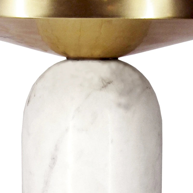Table d'appoint ronde Accent, Laiton et Blanc, Plateau en aluminium avec base en marbre