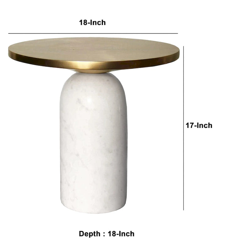 Table d'appoint ronde Accent, Laiton et Blanc, Plateau en aluminium avec base en marbre