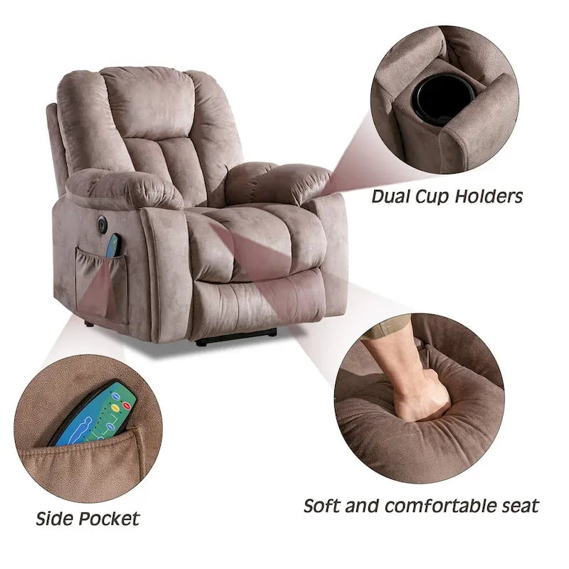 Fauteuil inclinable électrique releveur avec massage, une place, Gris/Beige/Noir/Camel
