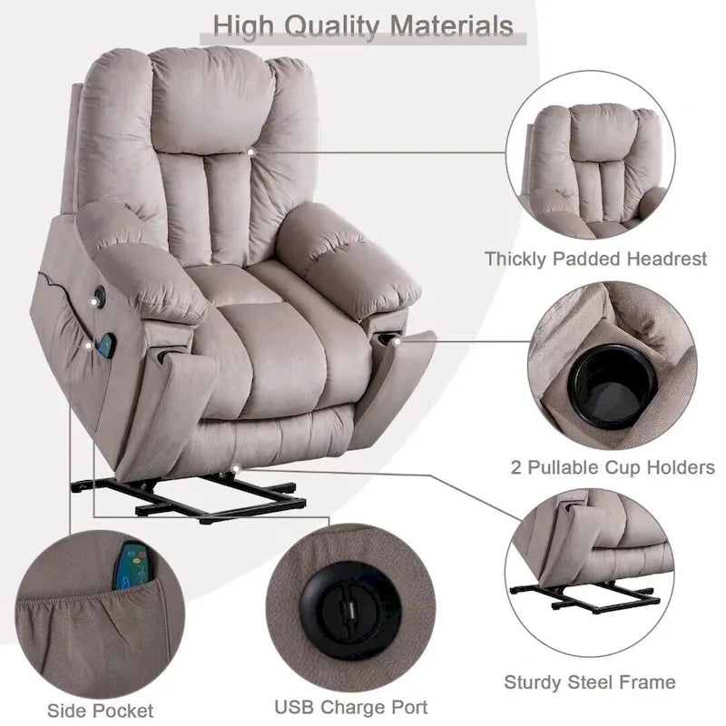Fauteuil inclinable électrique releveur avec massage, une place, Gris/Beige/Noir/Camel