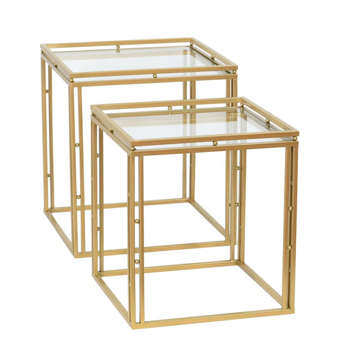 Tables d'appoint gigognes carrées antiques, en métal doré, lot de 2