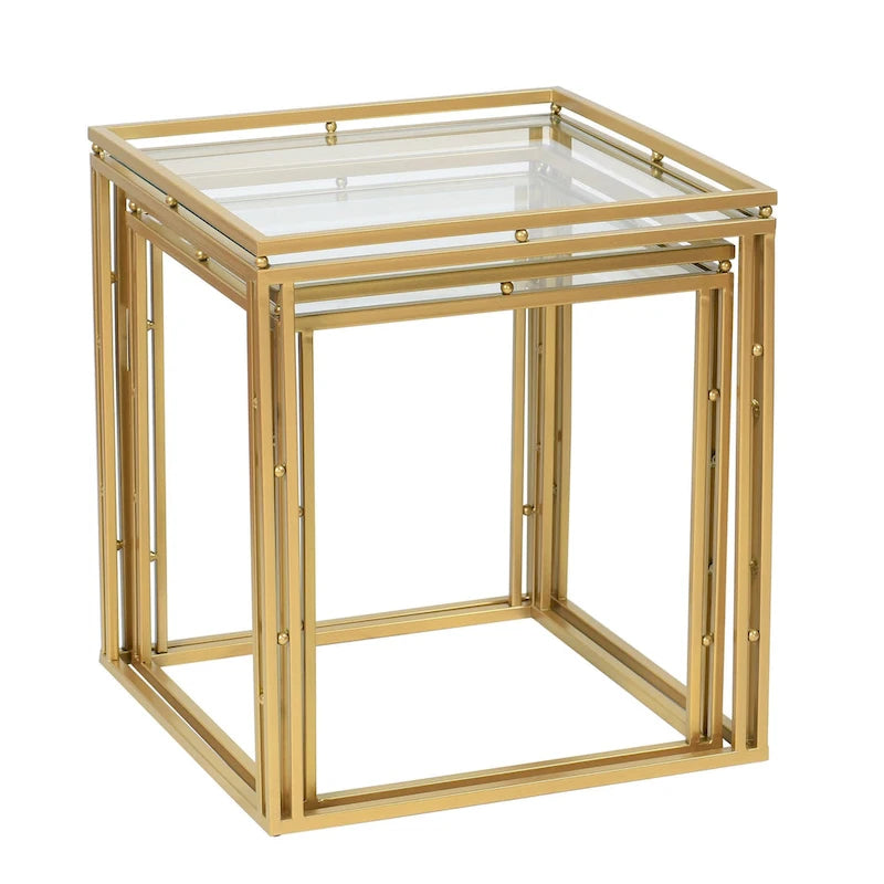 Tables d'appoint gigognes carrées antiques, en métal doré, lot de 2