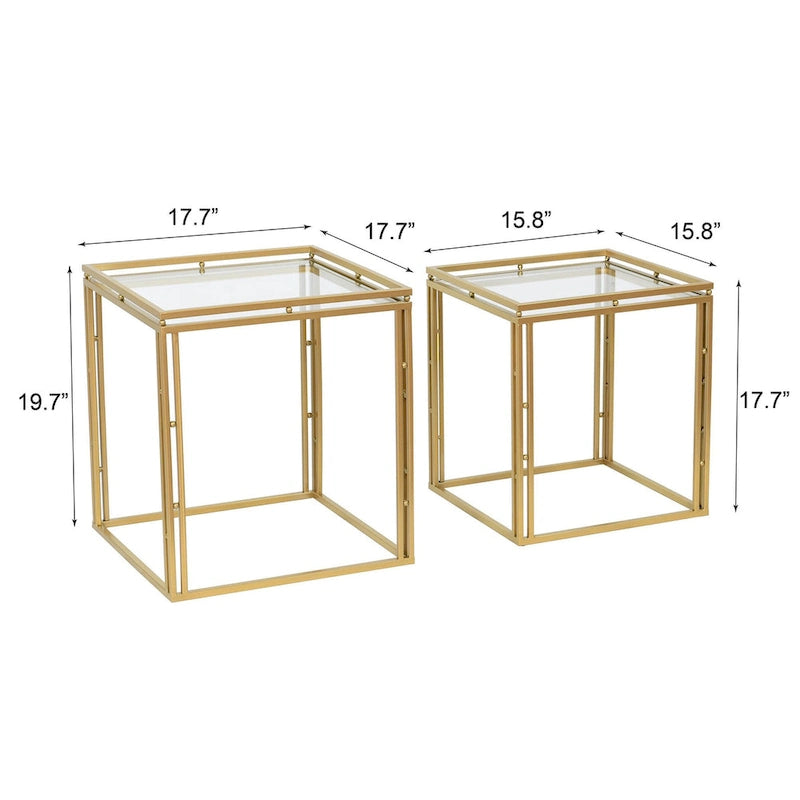 Tables d'appoint gigognes carrées antiques, en métal doré, lot de 2