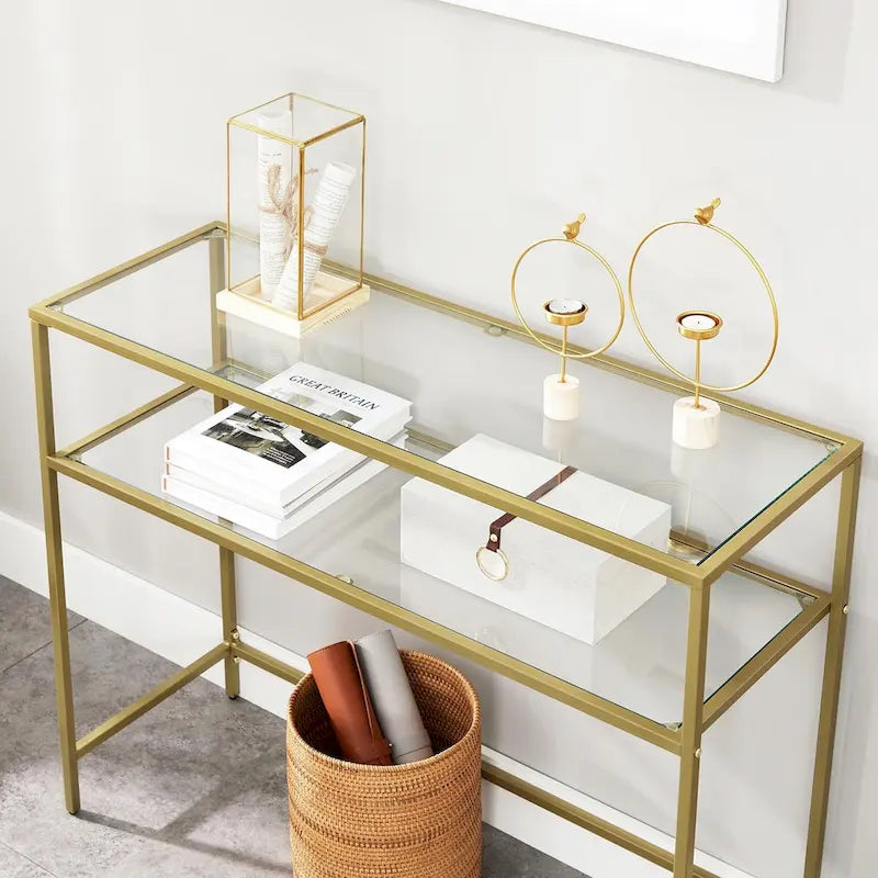Console 2 étagères dorée, Acier et verre, 1 personne
