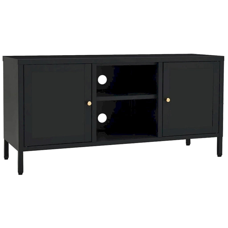 Meuble TV Noir, Acier et Verre, 2 Portes, 105x35x52 cm