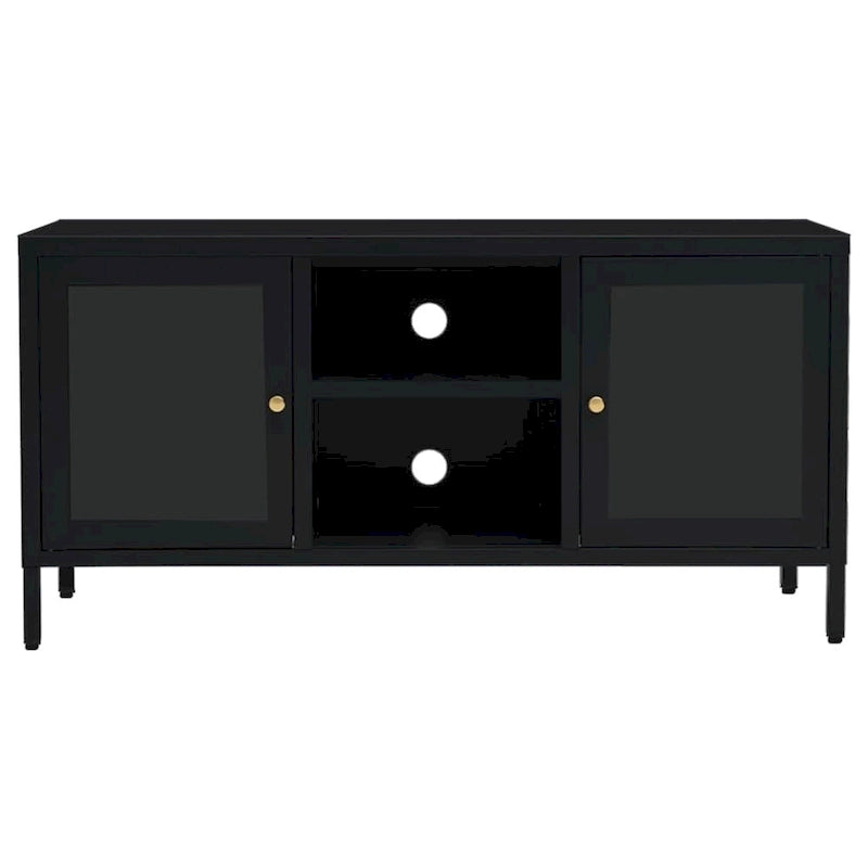 Meuble TV Noir, Acier et Verre, 2 Portes, 105x35x52 cm