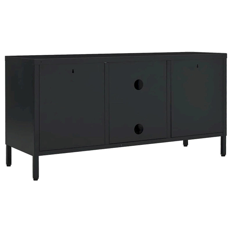 Meuble TV Noir, Acier et Verre, 2 Portes, 105x35x52 cm