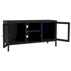 Meuble TV Noir, Acier et Verre, 2 Portes, 105x35x52 cm