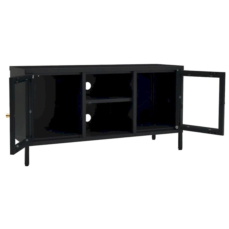 Meuble TV Noir, Acier et Verre, 2 Portes, 105x35x52 cm