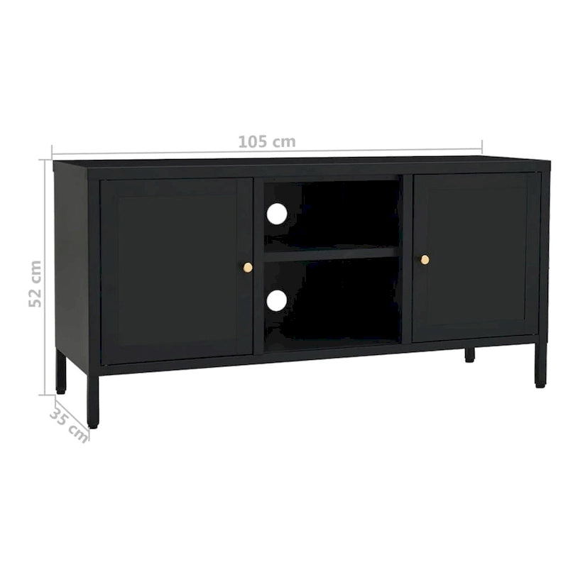Meuble TV Noir, Acier et Verre, 2 Portes, 105x35x52 cm