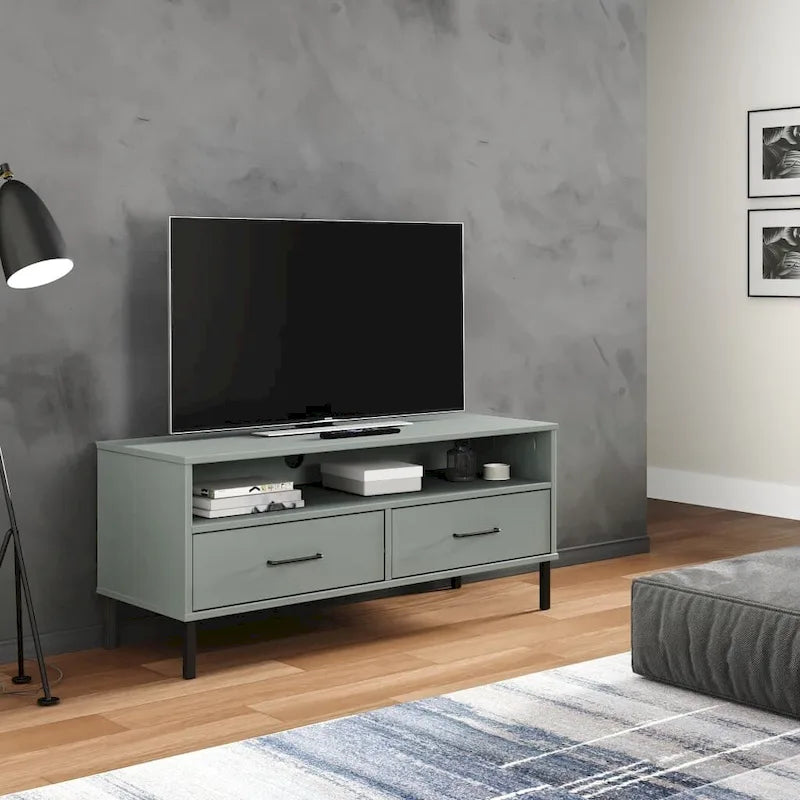 Meuble TV avec 2 tiroirs, pin massif, pieds en métal – Gris / Marron / Blanc