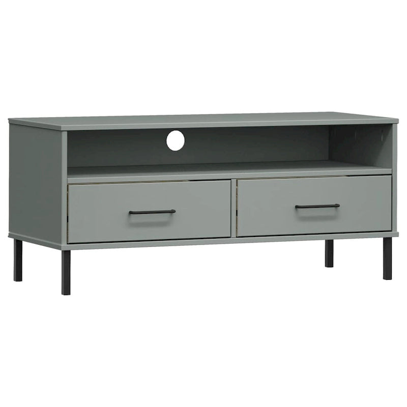 Meuble TV avec 2 tiroirs, pin massif, pieds en métal – Gris / Marron / Blanc