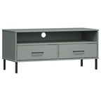 Meuble TV avec 2 tiroirs, pin massif, pieds en métal – Gris / Marron / Blanc