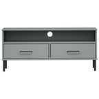 Meuble TV avec 2 tiroirs, pin massif, pieds en métal – Gris / Marron / Blanc