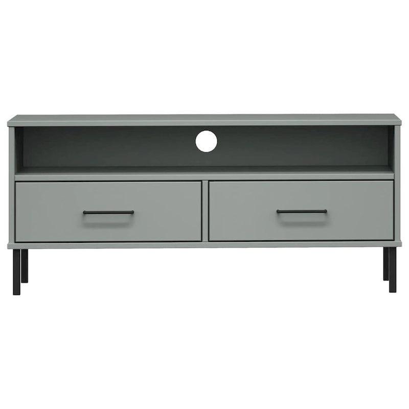 Meuble TV avec 2 tiroirs, pin massif, pieds en métal – Gris / Marron / Blanc