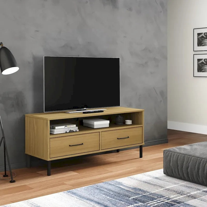 Meuble TV avec 2 tiroirs, pin massif, pieds en métal – Gris / Marron / Blanc