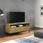 Meuble TV avec 2 tiroirs, pin massif, pieds en métal – Gris / Marron / Blanc