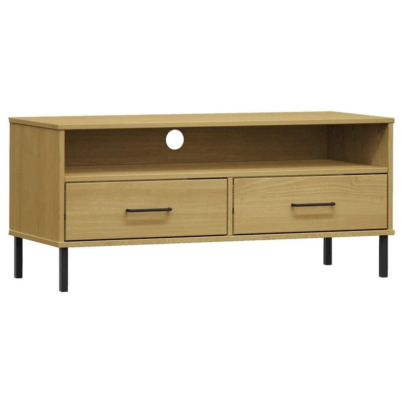 Meuble TV avec 2 tiroirs, pin massif, pieds en métal – Gris / Marron / Blanc