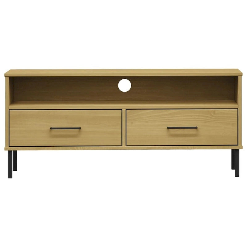 Meuble TV avec 2 tiroirs, pin massif, pieds en métal – Gris / Marron / Blanc