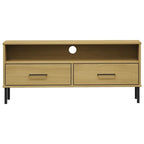 Meuble TV avec 2 tiroirs, pin massif, pieds en métal – Gris / Marron / Blanc