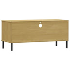 Meuble TV avec 2 tiroirs, pin massif, pieds en métal – Gris / Marron / Blanc