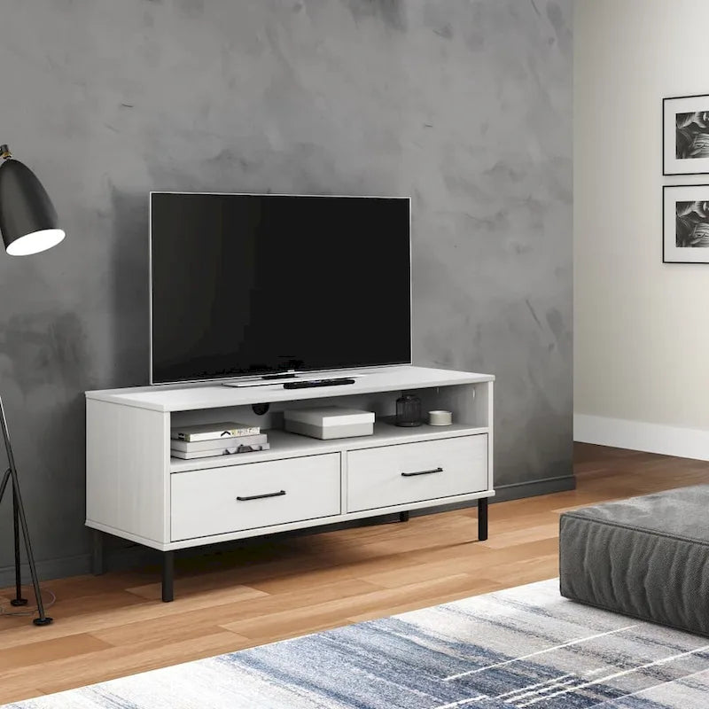 Meuble TV avec 2 tiroirs, pin massif, pieds en métal – Gris / Marron / Blanc