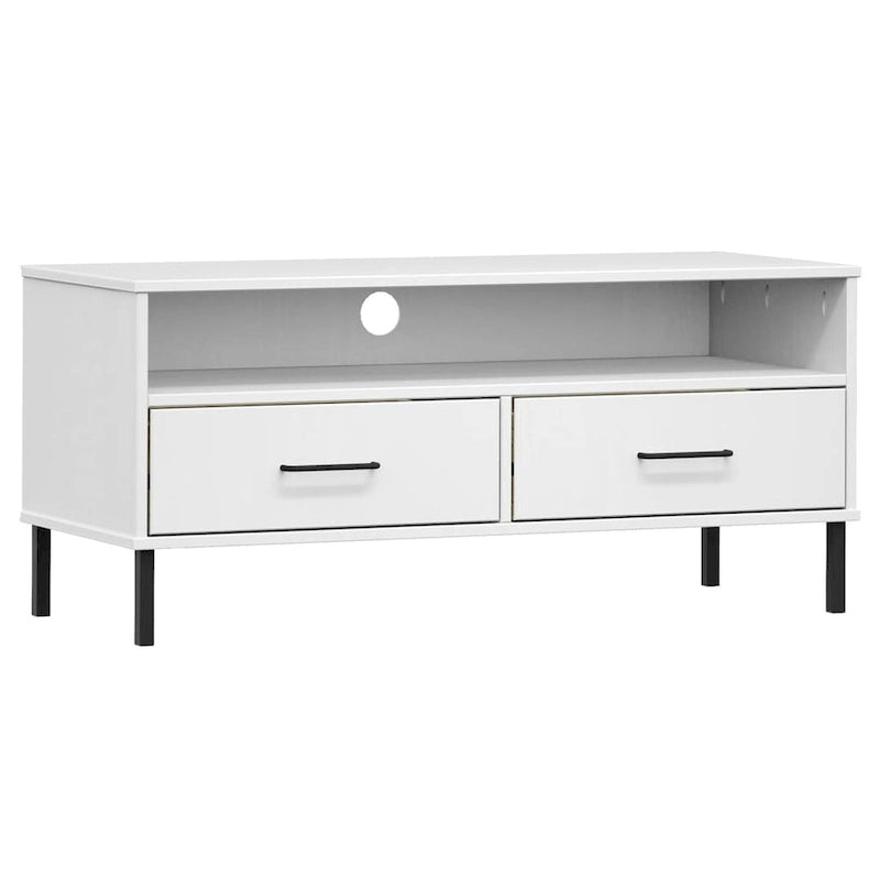 Meuble TV avec 2 tiroirs, pin massif, pieds en métal – Gris / Marron / Blanc