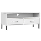 Meuble TV avec 2 tiroirs, pin massif, pieds en métal – Gris / Marron / Blanc