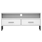 Meuble TV avec 2 tiroirs, pin massif, pieds en métal – Gris / Marron / Blanc