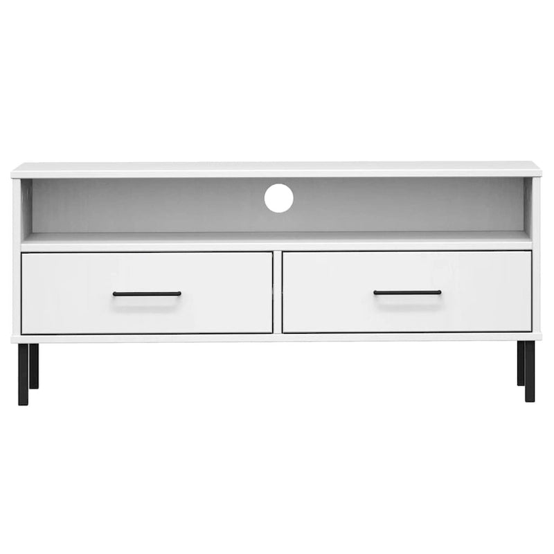 Meuble TV avec 2 tiroirs, pin massif, pieds en métal – Gris / Marron / Blanc