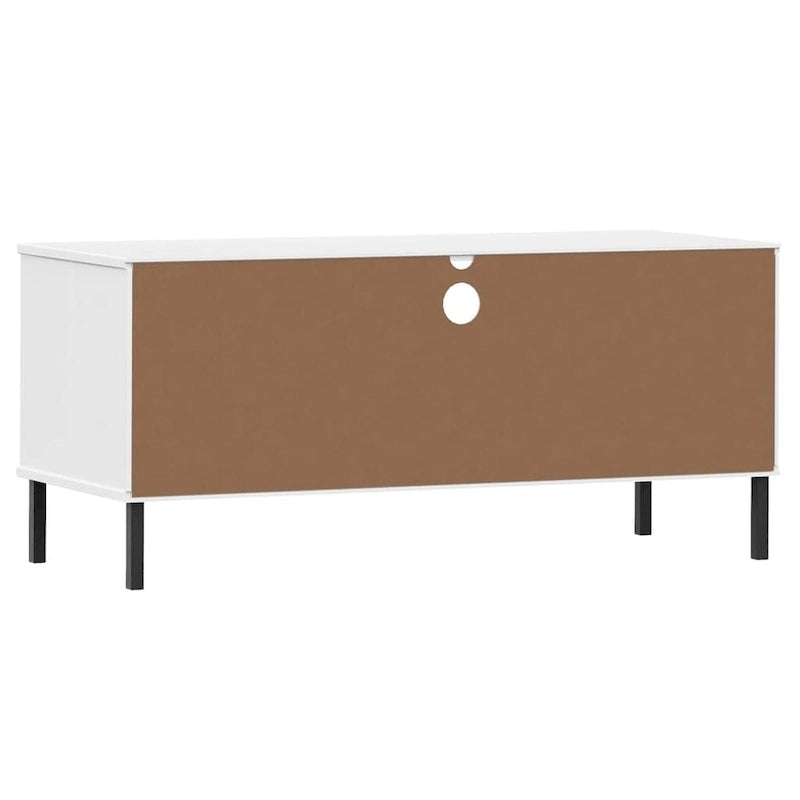 Meuble TV avec 2 tiroirs, pin massif, pieds en métal – Gris / Marron / Blanc