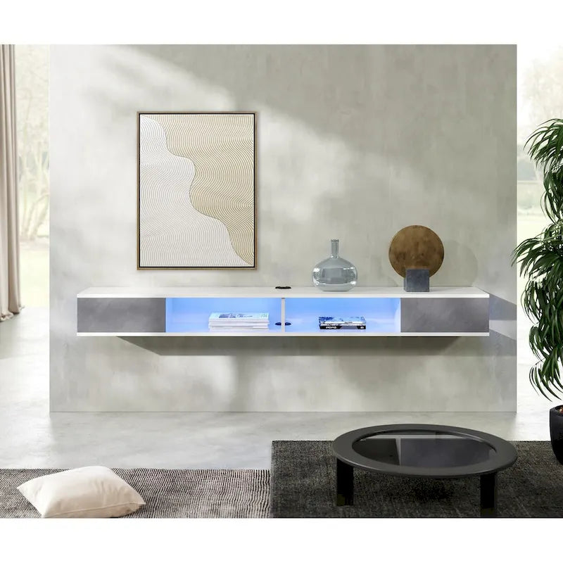 Meuble TV flottant mural 70" blanc et gris avec lumières LED