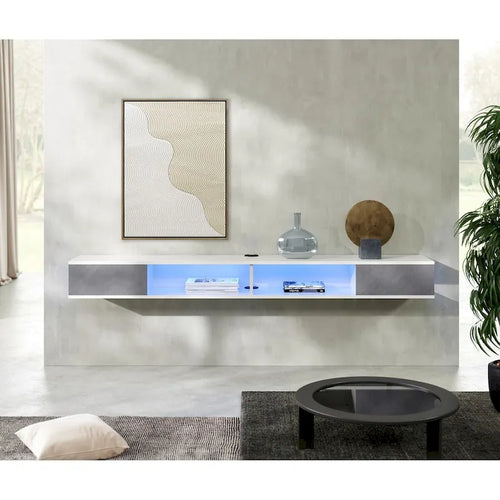 Meuble TV flottant mural 70" blanc et gris avec lumières LED