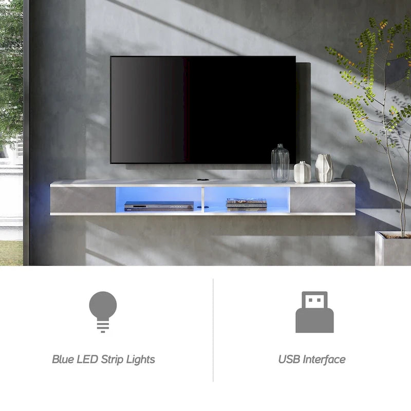 Meuble TV flottant mural 70" blanc et gris avec lumières LED