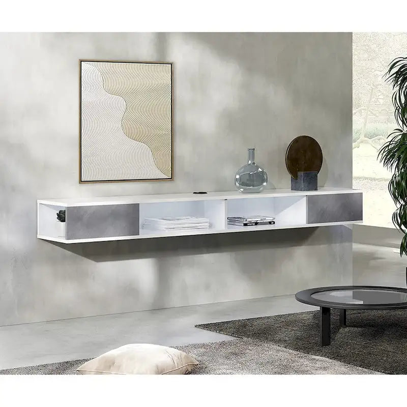 Meuble TV flottant mural 70" blanc et gris avec lumières LED