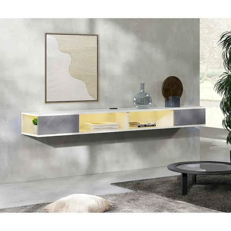 Meuble TV flottant mural 70" blanc et gris avec lumières LED