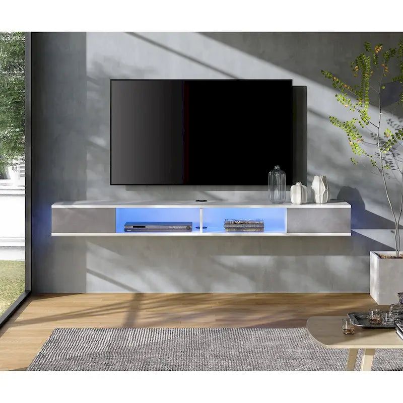 Meuble TV flottant mural 70" blanc et gris avec lumières LED