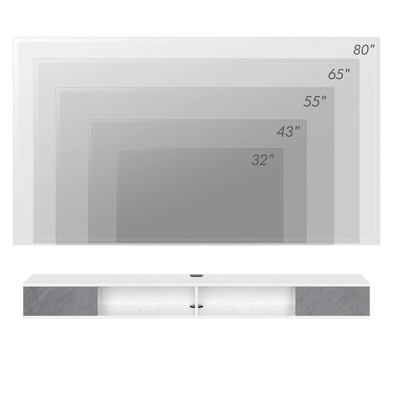 Meuble TV flottant mural 70" blanc et gris avec lumières LED