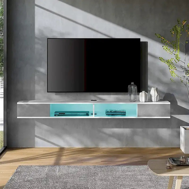 Meuble TV flottant mural 70" blanc et gris avec lumières LED