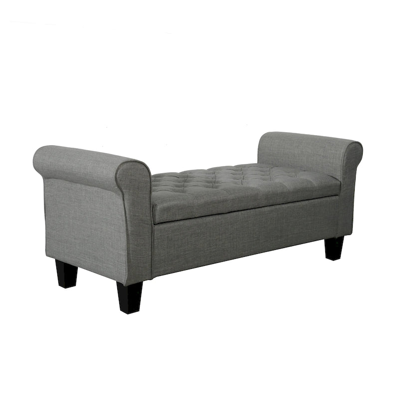 Banc de rangement capitonné en tissu gris / gris foncé / beige avec accoudoirs roulés, une place