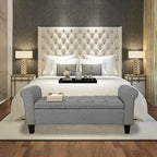 Banc de rangement capitonné en tissu gris / gris foncé / beige avec accoudoirs roulés, une place
