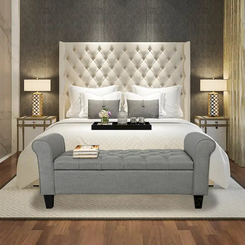 Banc de rangement capitonné en tissu gris / gris foncé / beige avec accoudoirs roulés, une place