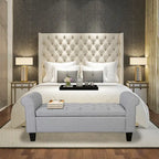 Banc de rangement capitonné en tissu gris / gris foncé / beige avec accoudoirs roulés, une place