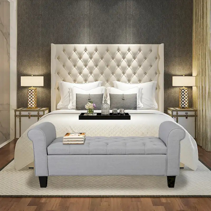 Banc de rangement capitonné en tissu gris / gris foncé / beige avec accoudoirs roulés, une place