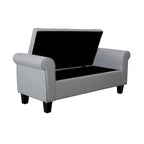 Banc de rangement capitonné en tissu gris / gris foncé / beige avec accoudoirs roulés, une place