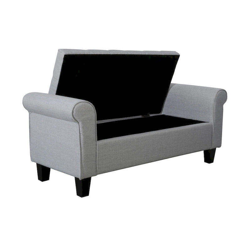 Banc de rangement capitonné en tissu gris / gris foncé / beige avec accoudoirs roulés, une place