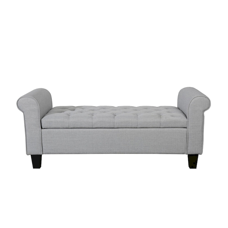 Banc de rangement capitonné en tissu gris / gris foncé / beige avec accoudoirs roulés, une place