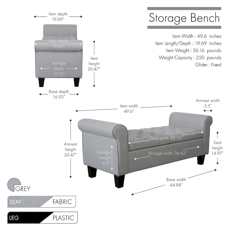 Banc de rangement capitonné en tissu gris / gris foncé / beige avec accoudoirs roulés, une place