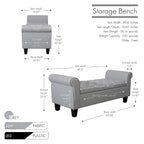 Banc de rangement capitonné en tissu gris / gris foncé / beige avec accoudoirs roulés, une place
